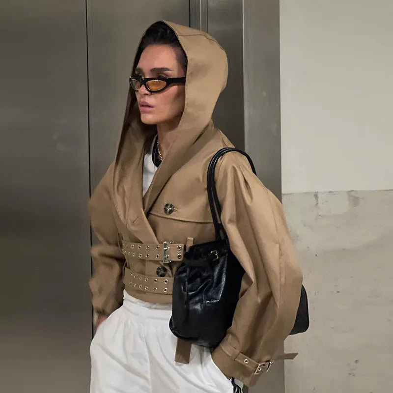 Double-Buckled Belted Hooded Trench Coat Oversized Long Sleeve Maxi 2025 Autumn Edgy Women Outerwear Fashion Trendy Lady Jacket