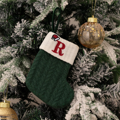 Green A-Z Letter Hanging Christmas Stockings Monogram Knitted Socks Fireplace Christmas Tree Hanging Party Decoration