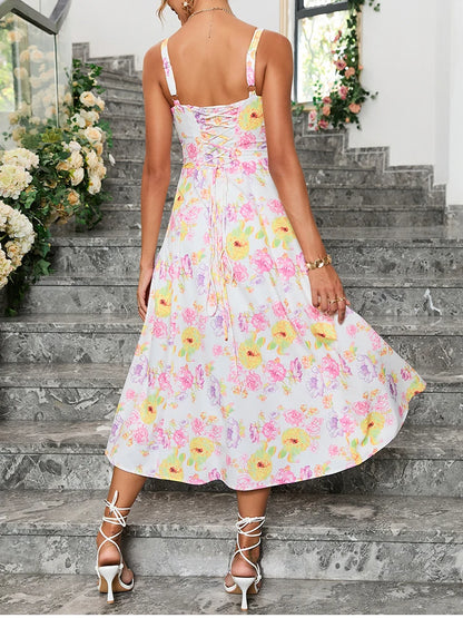 NewAsia Floral Print Summer Midi Dress Boned Tie Up Split Adjustable Strapes Zip Casual Party Dresses Beach Women Vestido 2024