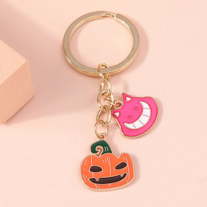 Aihua Gold Color Fashion Halloween Keychain Enamel Creepy Ghost Spider Mummy Pumpkin Keychains Keyring for Women Halloween Night