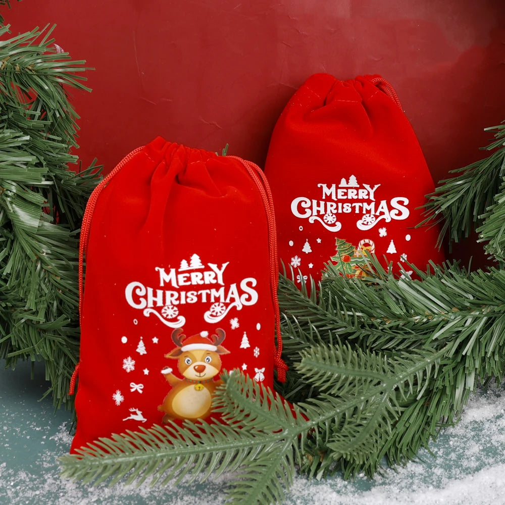 1/30pcs Christmas Gift Bags Red Velvet Drawstring Pouch Bulk Santa Candy Packaging Snack Wrapping Bag Wedding Party Favors Decor