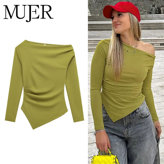 Asymmetric Ruched Off-Shoulder Blouse – Slim Fit Women’s Top