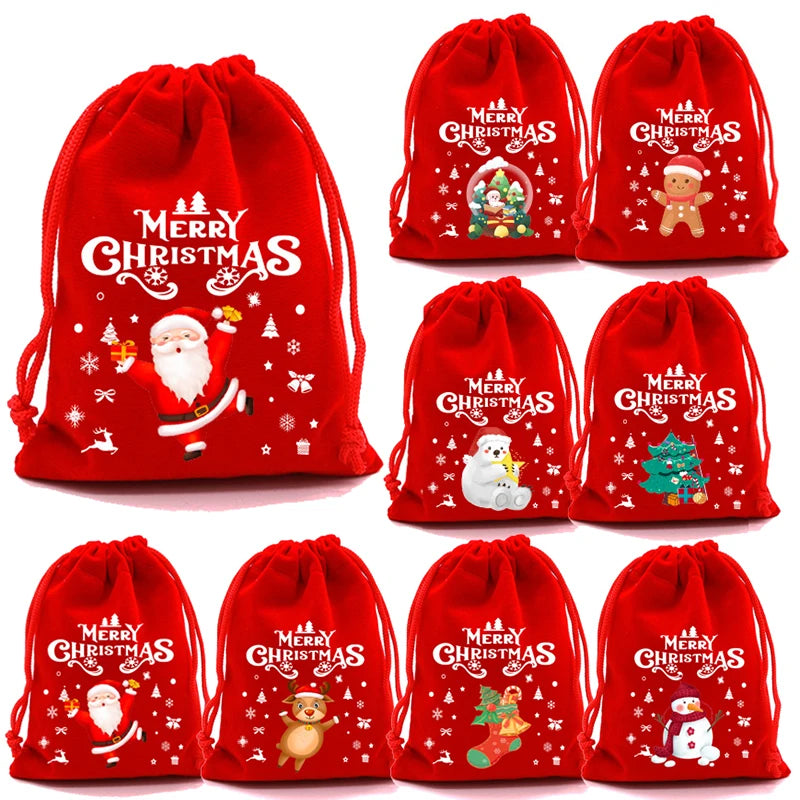 20/1Pcs Red Christmas Velvet Bags Drawstring Santa Gift Pouch Candy Snack Wrapping Bag Christmas Wedding Party Favors Decoration