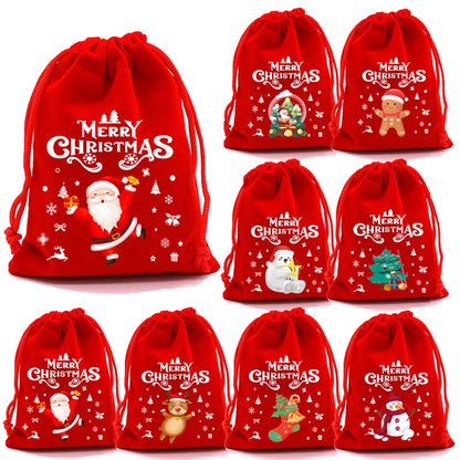 20/1Pcs Red Christmas Velvet Bags Drawstring Santa Gift Pouch Candy Snack Wrapping Bag Christmas Wedding Party Favors Decoration