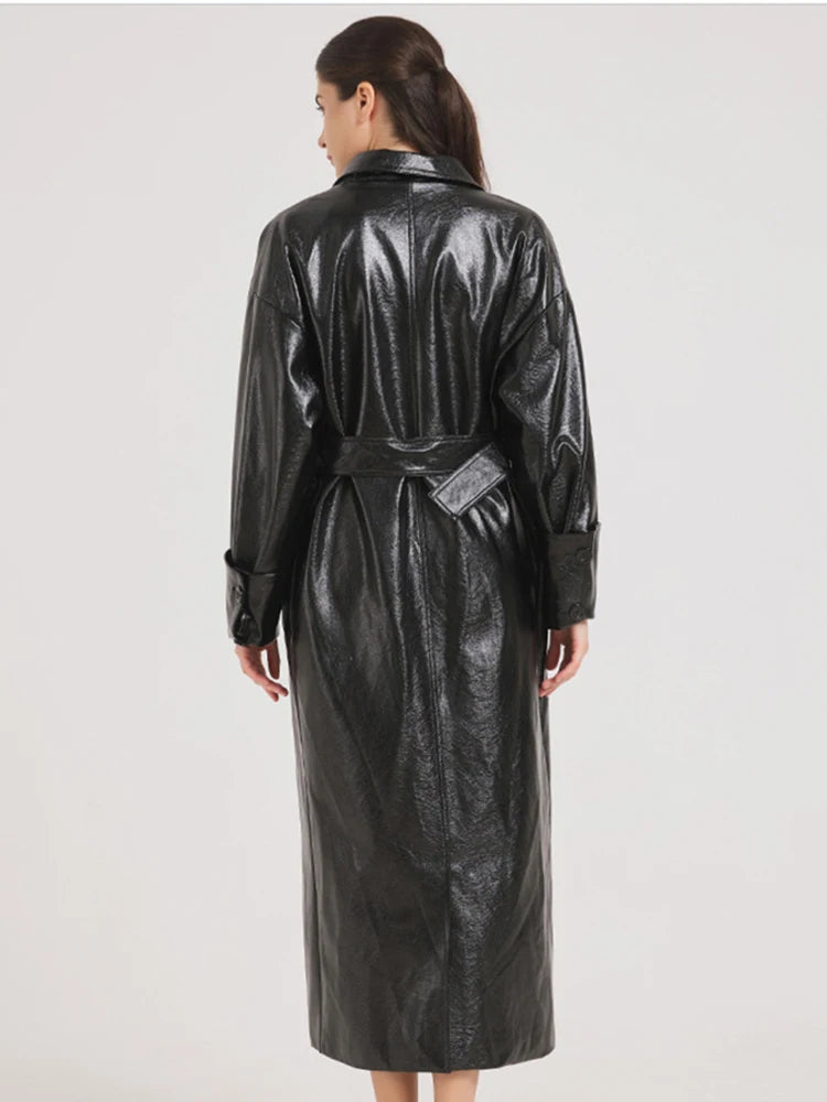 Lautaro Spring Autumn Extra Long Burgundy Pu Leather Trench Coat for Women with Belt Elegant Luxury Designer Maxi Overcoat 2024