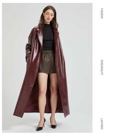 Lautaro Spring Autumn Extra Long Burgundy Pu Leather Trench Coat for Women with Belt Elegant Luxury Designer Maxi Overcoat 2024