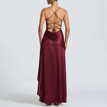 Sexy Slash Neck Slim Ruffle Banquet Dress Women Spring Backless Lace-up Long Irregular Dress Summer Sleeveless Hollow Maxi Dress