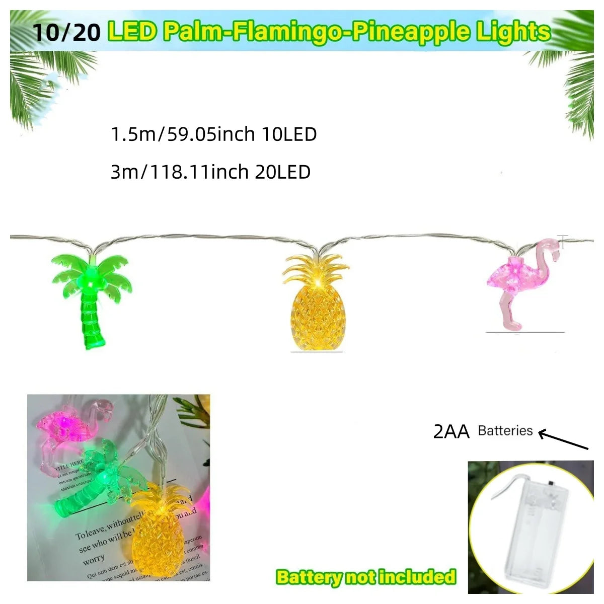 1PC 10/20 LED Flamingo Pineapple Palm Tree String Lights Battery Operated Tropical Beach Hawaiian Fairy Atmosphere Lights