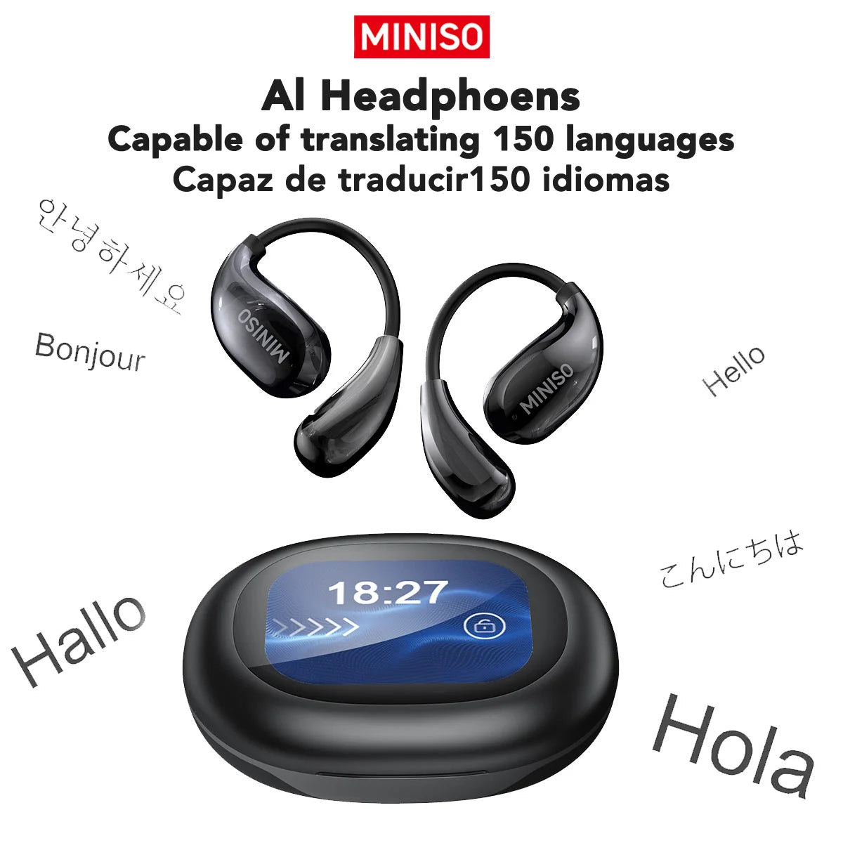 Miniso MS189 AI Translation Bluetooth Earphones Sports Wireless Headset LCD Color Touch Screen 8-Hour Battery Life Stereo Bass
