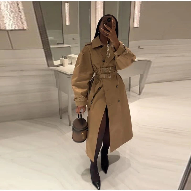 Double-Buckled Belted Hooded Trench Coat Oversized Long Sleeve Maxi 2025 Autumn Edgy Women Outerwear Fashion Trendy Lady Jacket