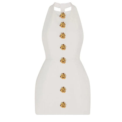 Chic Pink Halter Mini Dress – Backless, Sleeveless, Gold Button | Summer Party Dress 2025