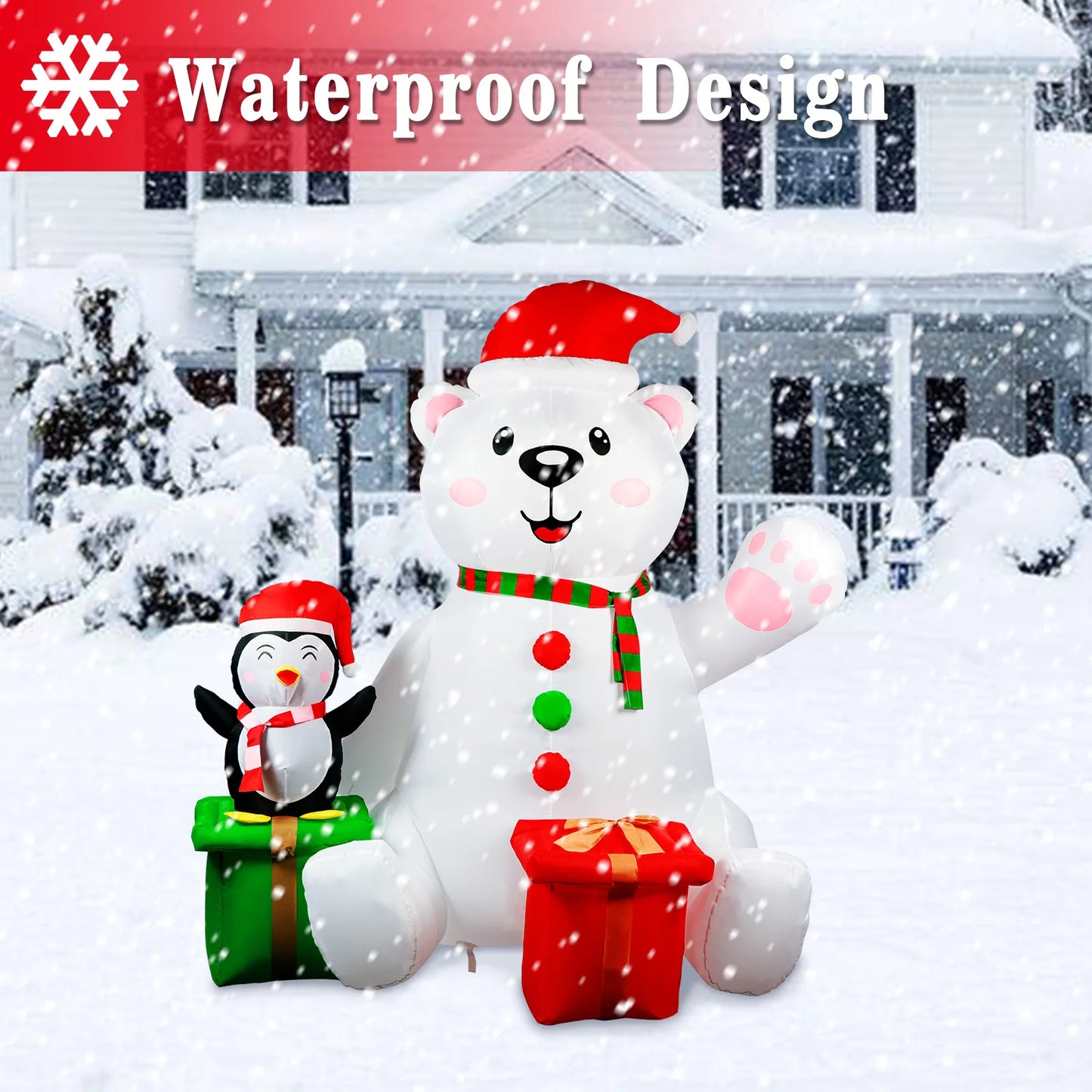 6FT Christmas Inflatables Outdoor Decorations Polar Bear Inflatable with Penguin Blow up with LED Light for Xmas Outdoor Decor