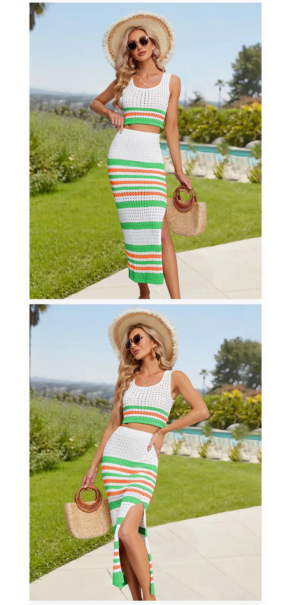 Women's Two-piece Striped Slim Slit Skirt And Sleeveless Crop Top Set Summer Knitted Hollow Dress
