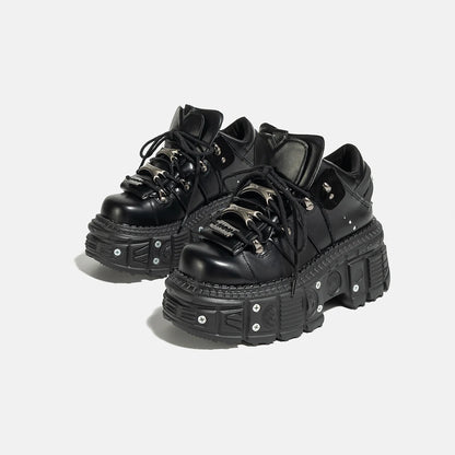 Gothic Dark Platform Thick Bottom Punk Metal Height-Increasing Leather Women's Small Rock Lace-up Rivet Shoes