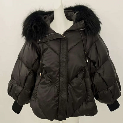 OFTBUY 2025 New Winter Large Real Fur Hooded Puffer Jacket Women Thicken Warm Knitted Sleeve Coat White Duck Down Mid Long Parka