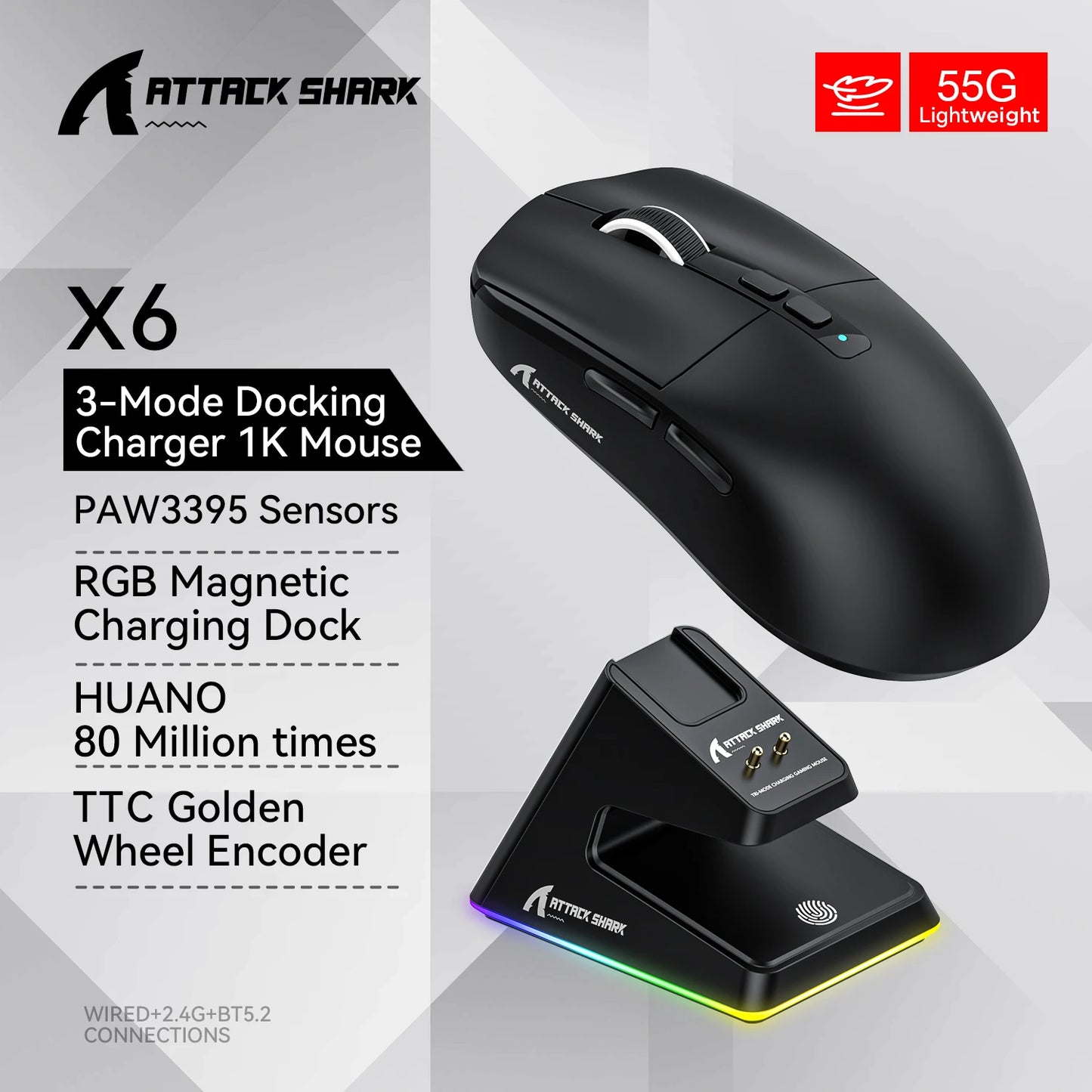 ATTACK SHARK X6 Mouse,PAW3395 Bluetooth Tri-Mode Connection,RGB Touch Magnetic Charging Base,Macro Gaming Mouse