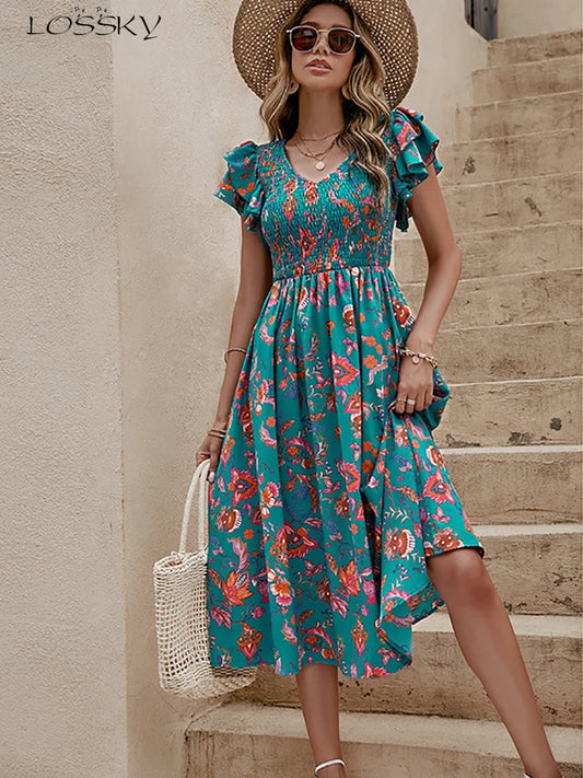 Summer Floral Print Midi Dress Women Fashion Slim Ruffle Sleeve Beach Dress Casual Elegant Green A-line New In Dresses