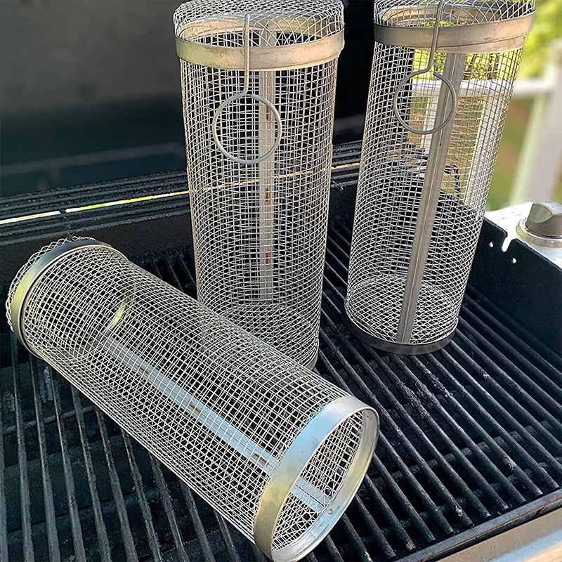 Barbecue Grill Grate Barbecue Cages Camping Picnic Cookware Outdoor Round BBQ Campfire Grill Grid Rolling Grill Basket