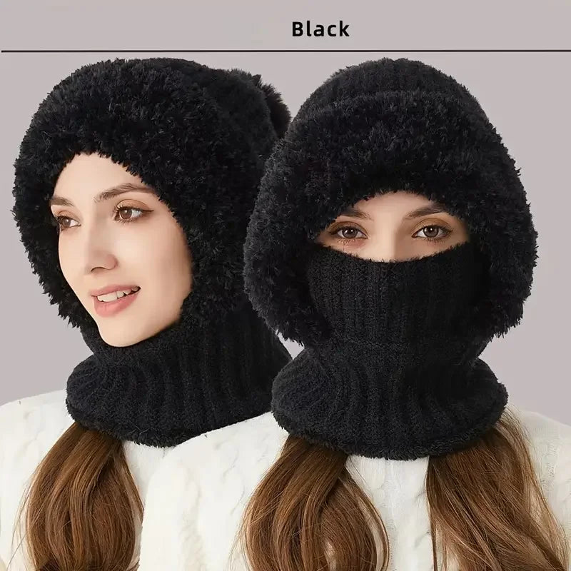 Thermal Fleece Knit Beanie with Ear Covers All-in-One Windproof Hood Neck Warmer Specifically for Bicycle Riders