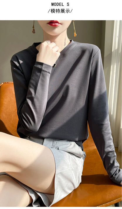 Spring Autumn 100% Cotton Long-Sleeved T-Shirt Women's Round Neck Mercerized Cotton Bottoming Shirt Loose Top