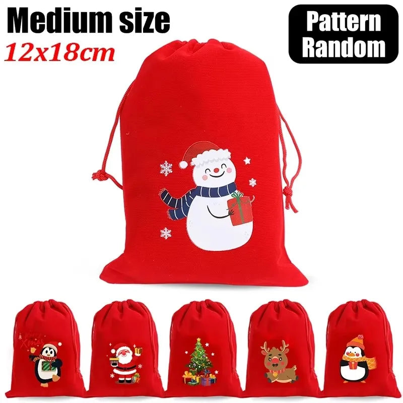 20/1Pcs Red Christmas Velvet Bags Drawstring Santa Gift Pouch Candy Snack Wrapping Bag Christmas Wedding Party Favors Decoration