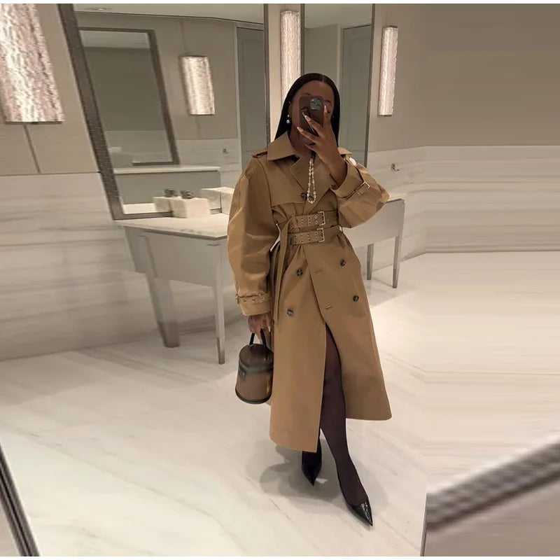 Double-Buckled Belted Hooded Trench Coat Oversized Long Sleeve Maxi 2025 Autumn Edgy Women Outerwear Fashion Trendy Lady Jacket