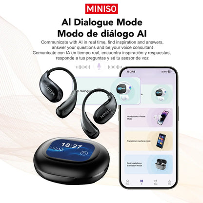 Miniso MS189 AI Translation Bluetooth Earphones Sports Wireless Headset LCD Color Touch Screen 8-Hour Battery Life Stereo Bass