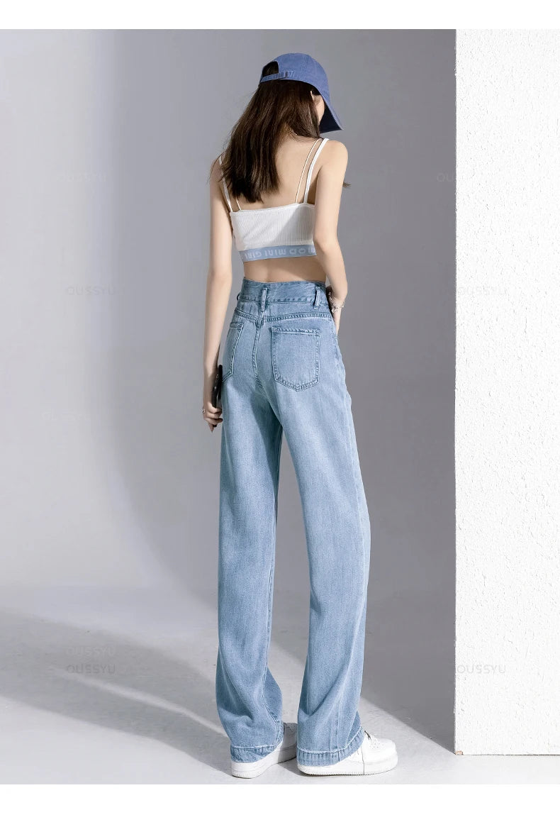 Summer Lyocell Thin Women's Wide-Leg Jeans High Waist Slimming Design High Street Mopping Trousers Loose Straight Pants Fashion