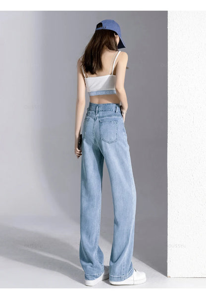Summer Lyocell Thin Women's Wide-Leg Jeans High Waist Slimming Design High Street Mopping Trousers Loose Straight Pants Fashion