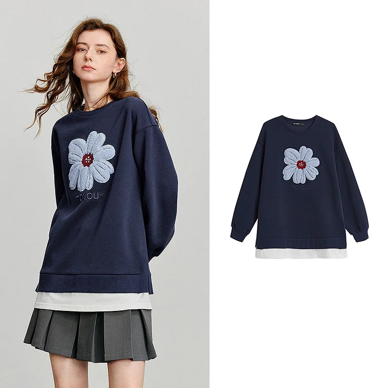 TOYOUTH Women Hoodies Sweatshirt 2025 Autumn New Plush Flower Printed Contrasting Color Splicing Fake Two Piece Cotton Pullover