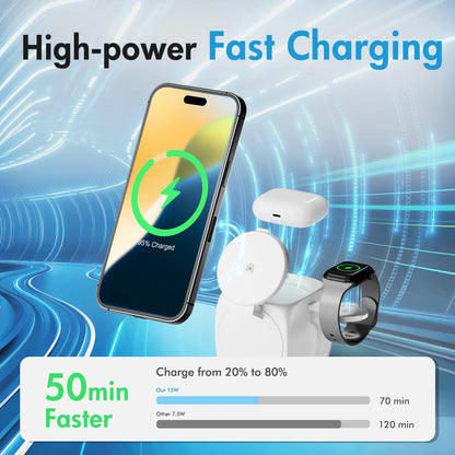 3-In-1 Magnetic Wireless Charging Station Foldable 15W Fast Charge 360 Rotating for IPhone 16 15 14 13 12 Pro/Pro Max/Plus