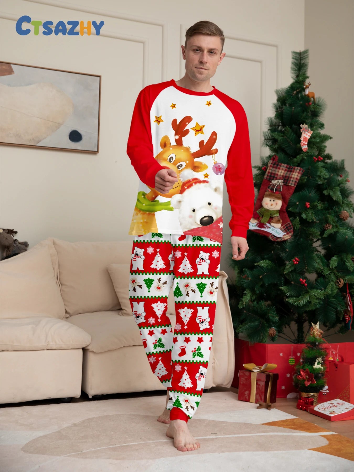 Men's Christmas Pajama Ensemble, Reindeer & Polar Bear Motif, Festive Patterned Pants