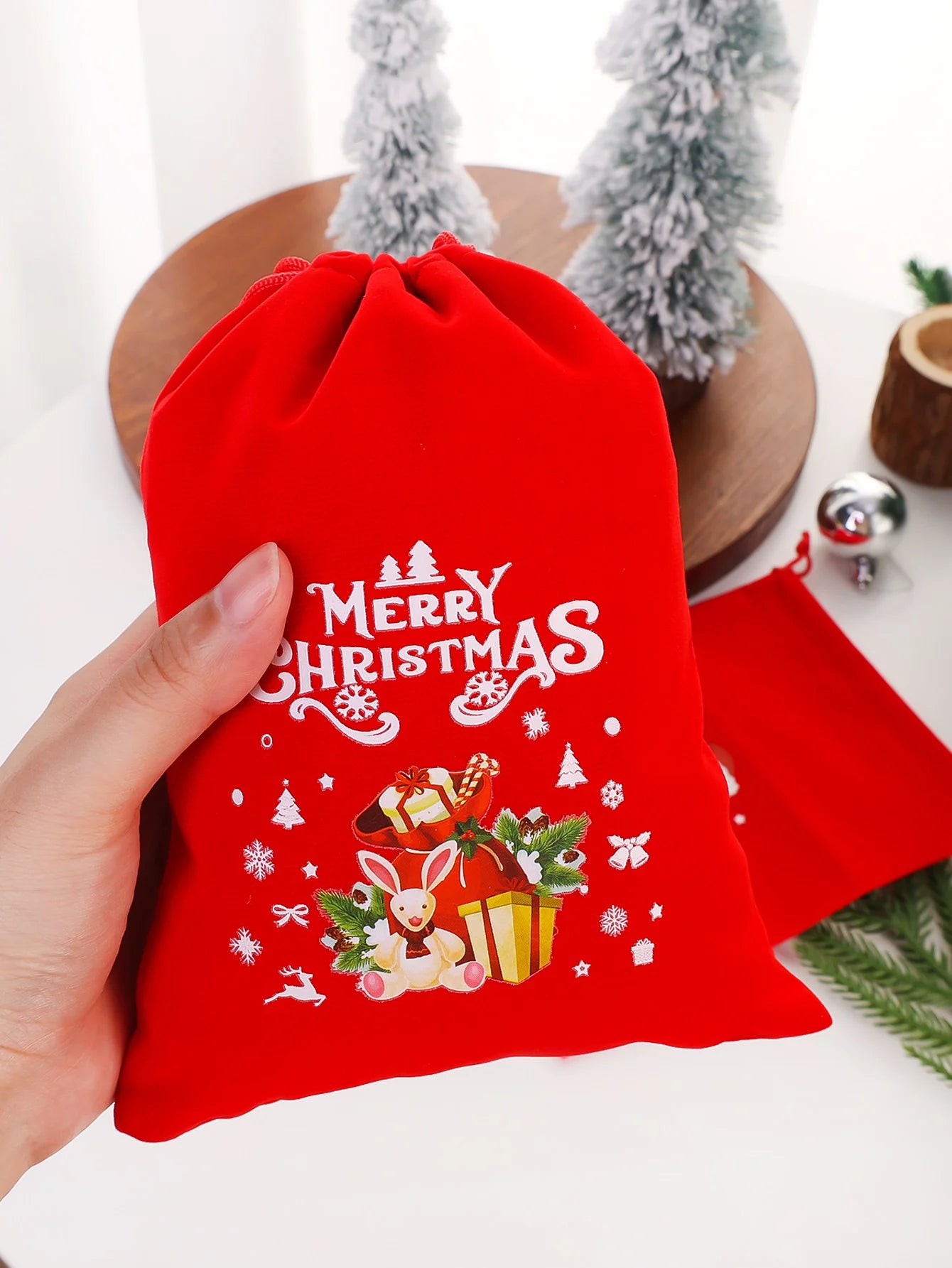 20/1Pcs Red Christmas Velvet Bags Drawstring Santa Gift Pouch Candy Snack Wrapping Bag Christmas Wedding Party Favors Decoration