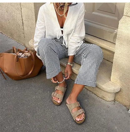 Spring 2025 V-Neck Lace-Up Linen Blouse – Casual Loose Fit