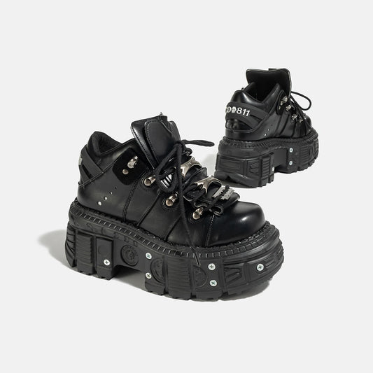 Gothic Dark Platform Thick Bottom Punk Metal Height-Increasing Leather Women's Small Rock Lace-up Rivet Shoes