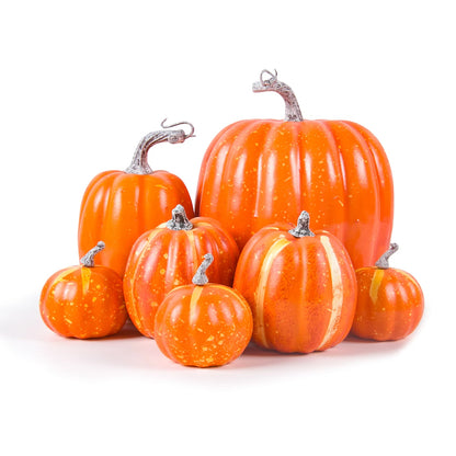 7pcs Halloween Artificial Pumpkins Set Assorted Sizes Fake Simulation Pumpkin Halloween Thanksgiving Fall Harvest Home Decoation