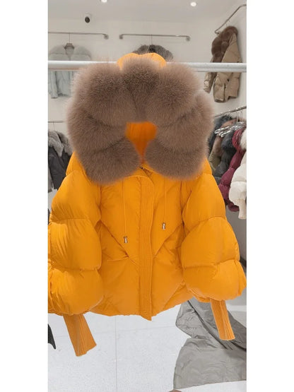 OFTBUY 2025 New Winter Large Real Fur Hooded Puffer Jacket Women Thicken Warm Knitted Sleeve Coat White Duck Down Mid Long Parka