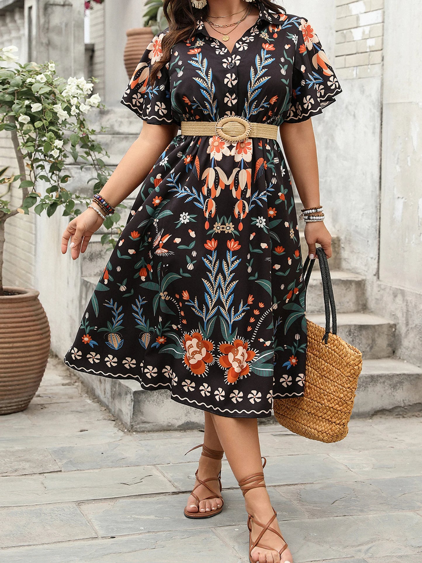 Women Plus Size V-Neck Maxi Dress Elegant Floral Print Short Sleeve Bohemian Party Dress for Summer Beach Wedding Guest