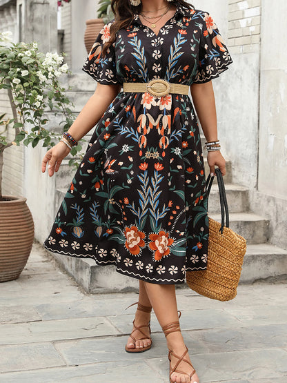 Women Plus Size V-Neck Maxi Dress Elegant Floral Print Short Sleeve Bohemian Party Dress for Summer Beach Wedding Guest