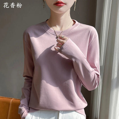 Spring Autumn 100% Cotton Long-Sleeved T-Shirt Women's Round Neck Mercerized Cotton Bottoming Shirt Loose Top