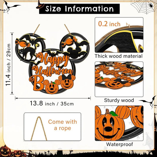 Happy Halloween Mouse Door Sign - Hollow-Out Wooden Decor with Black Cat, Mouse Bat & Pumpkin BOO for Porch or Wall Hanging