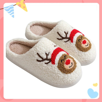 Christmas Women Warm Fashion Slippers Men Cute Santa Claus Embroidery Pattern Slides Couples Furry Sandals Family Plush Shoes