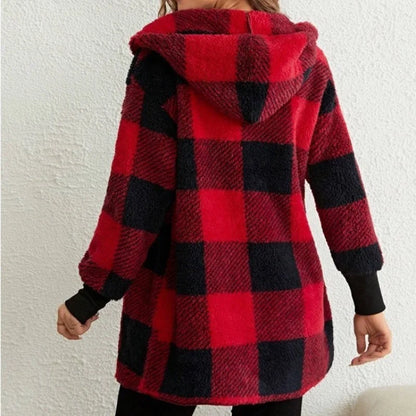 Women Autumn Winter Double Fleece Plaid Cardigan Soft Loose Long Sleeve Plush Warm Hooded Jacket Female Patchwork Outerwear Coat