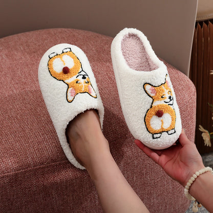 Corgi Pet Pattern Embroidered Plush Home Thick-Soled Comfortable Woolen Cotton Slippers Cute Warm Non-Slip Indoor Slippers Pet Mom Gift Dog Lovers Men and Women Can Wear