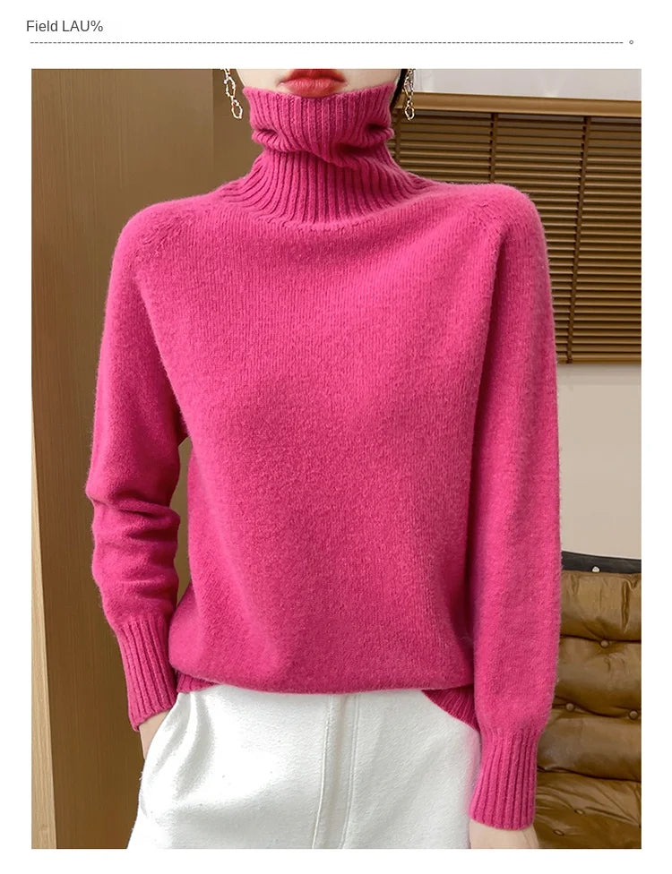 Women's Clothing New Fashion Autumn And Winter Merino Wool Pullover Solid Color Long Sleeve Basic Thermal Top 100% Wool Sweater