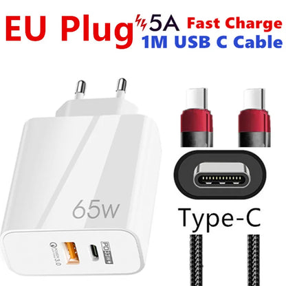 Supercharge USB Type C Cable QC3.0 65W PD fast Charger for Samsung iPhone Xiaomi Huawei Universal Quick Charger