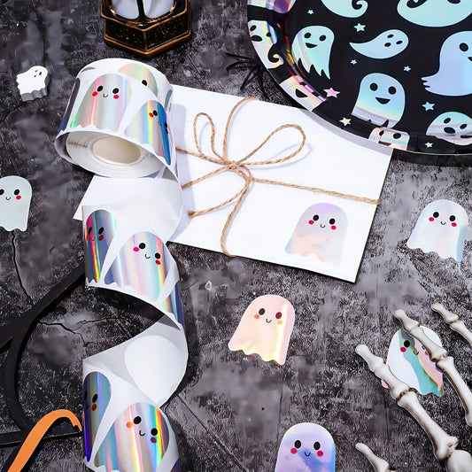 1roll/500pcs Cute Laser Ghost Stickers,Cute Ghost Sealing Stickers, Self-Adhesive Paper,Halloween Halloween Decorations Stickers