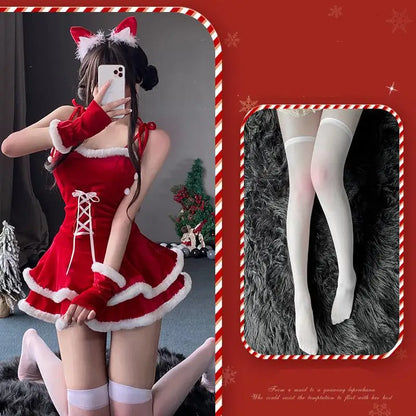 [You're My Secret] Christmas Dress Suit Women Xmas Cosplay Costume Red Suit Party Rabbit Ears Hooded Shawl Christmas Girl Set