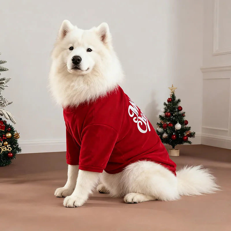 Christmas Velvet Dog Sweatshirt, “Merry Christmas” Print, Warm Soft Pullover, Red/Green, Sizes S–6XL for Small to Large Dogs