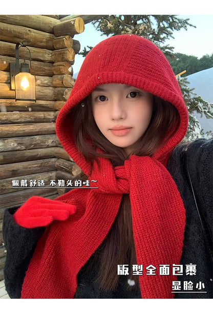 Korean Balaclava Bonnet Women Skullies Beanies Hat Scarf One-piece Thickened Warm Neck Protection Winter Accessories Knitted Law